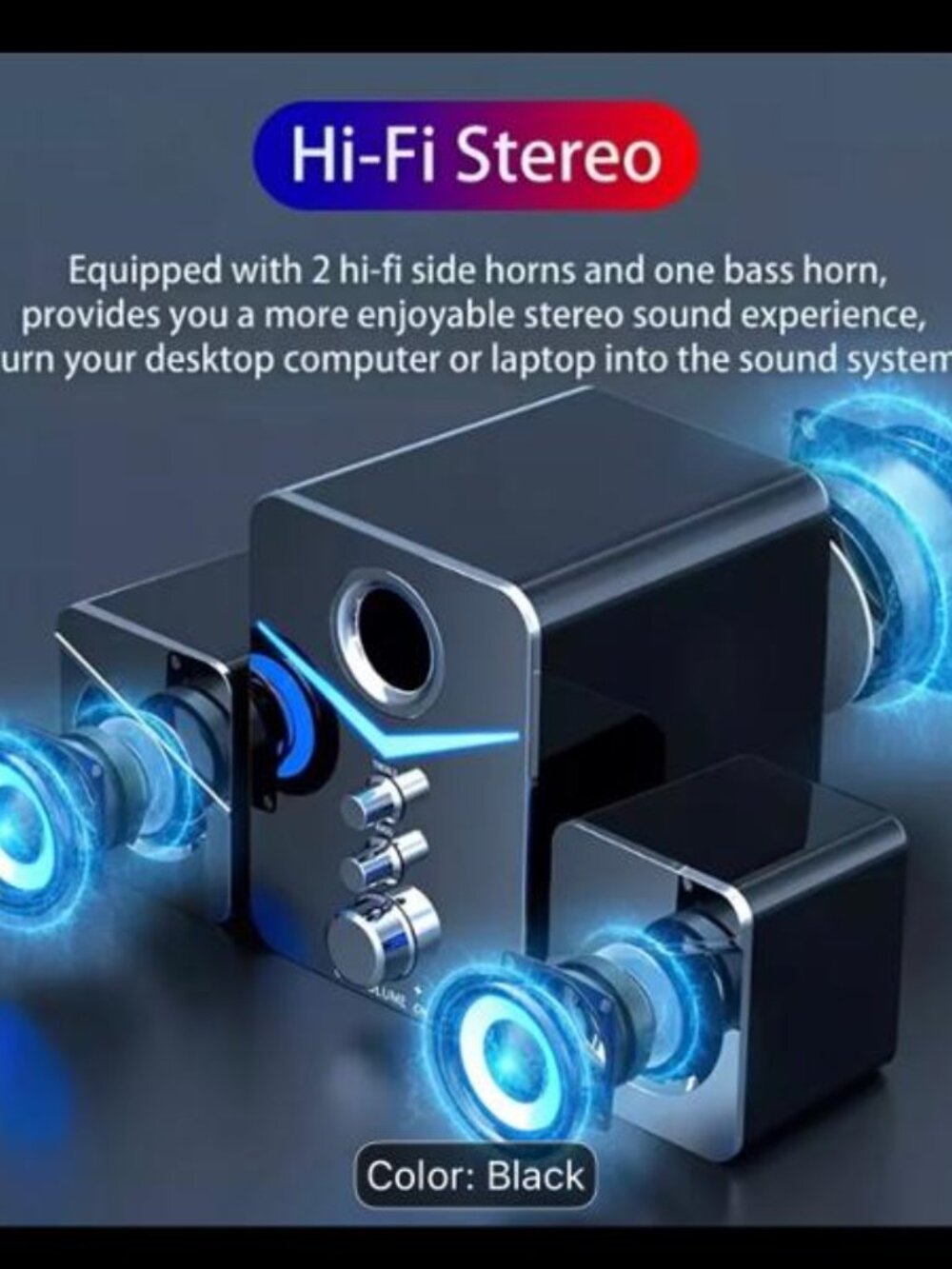 NEW- 3PC 3 in 1 Surround Sound Computer Speakers with Subwoofer, LED Light - Picture 5 of 8